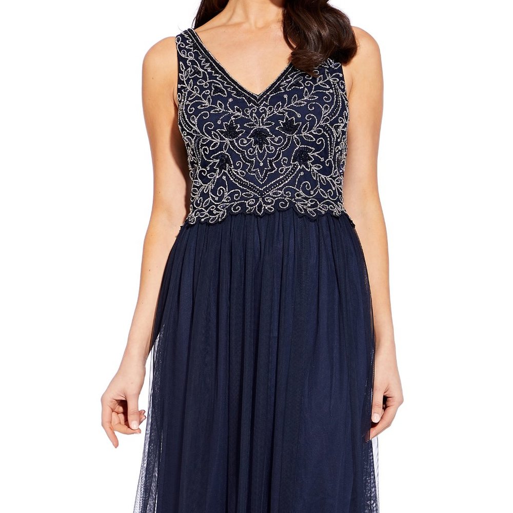Sleeveless Tulle Long Dress Gown Beaded Bodice